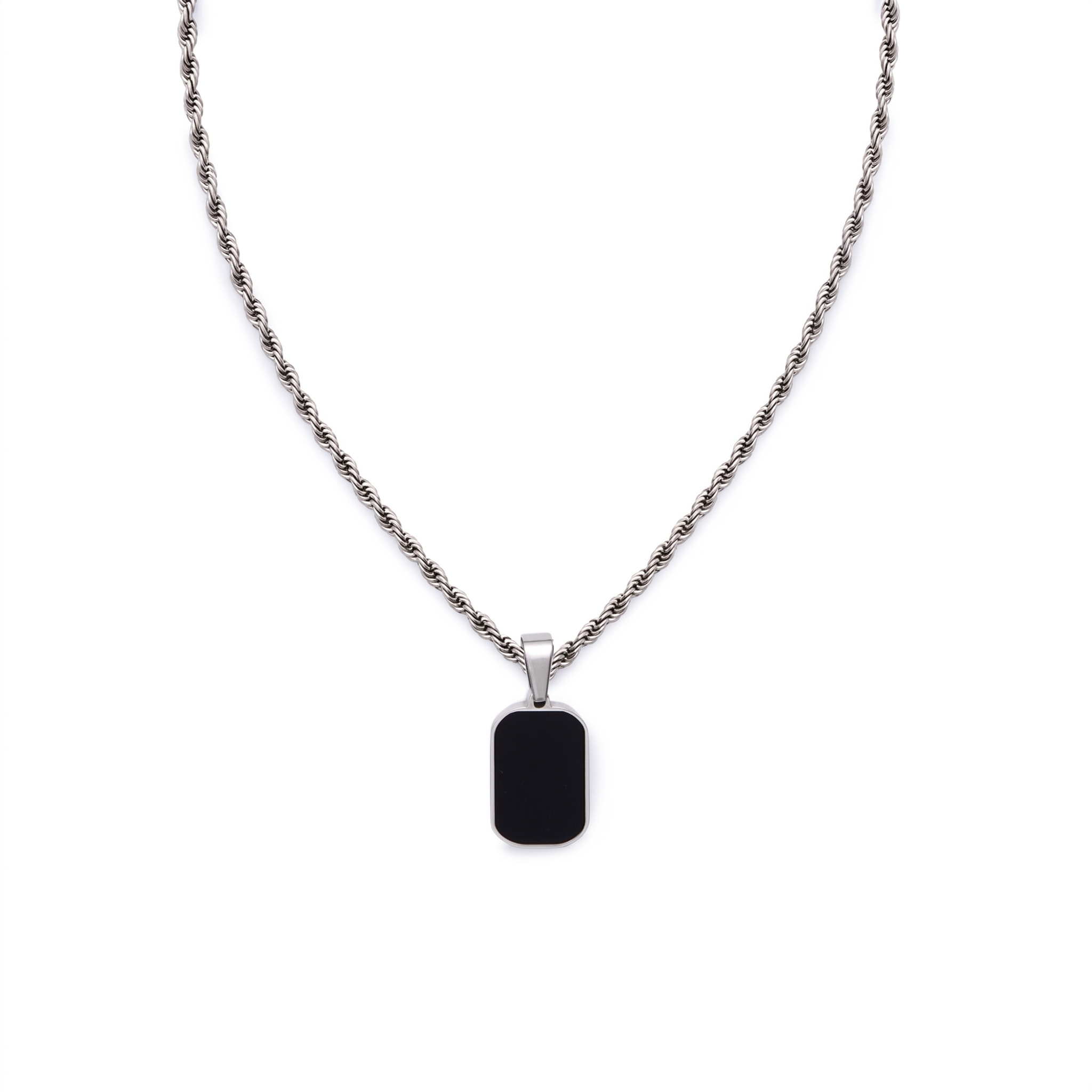 Silver Onyx Rectangle Pendant Necklace