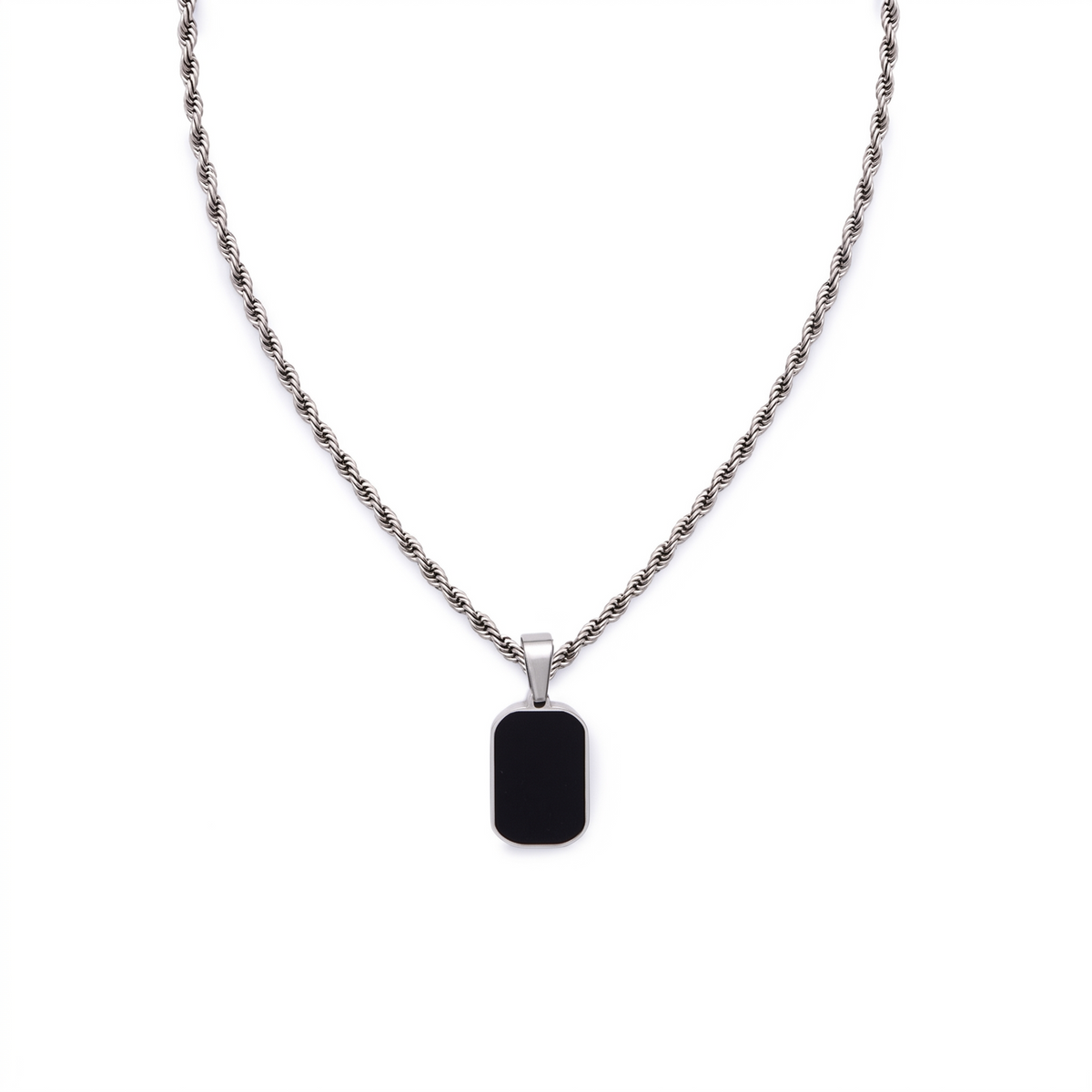 Silver Onyx Rectangle Pendant Necklace